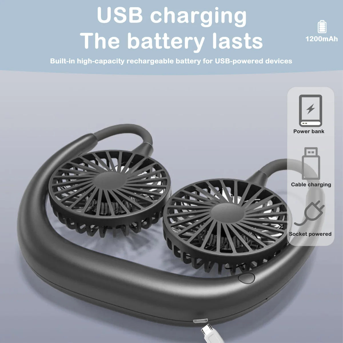 USB Rechargeable Mini Sports 3-Speed Adjustable Neck Dual Fan Home OfficeOutdoor Travel Portable Hanging Neck Fan