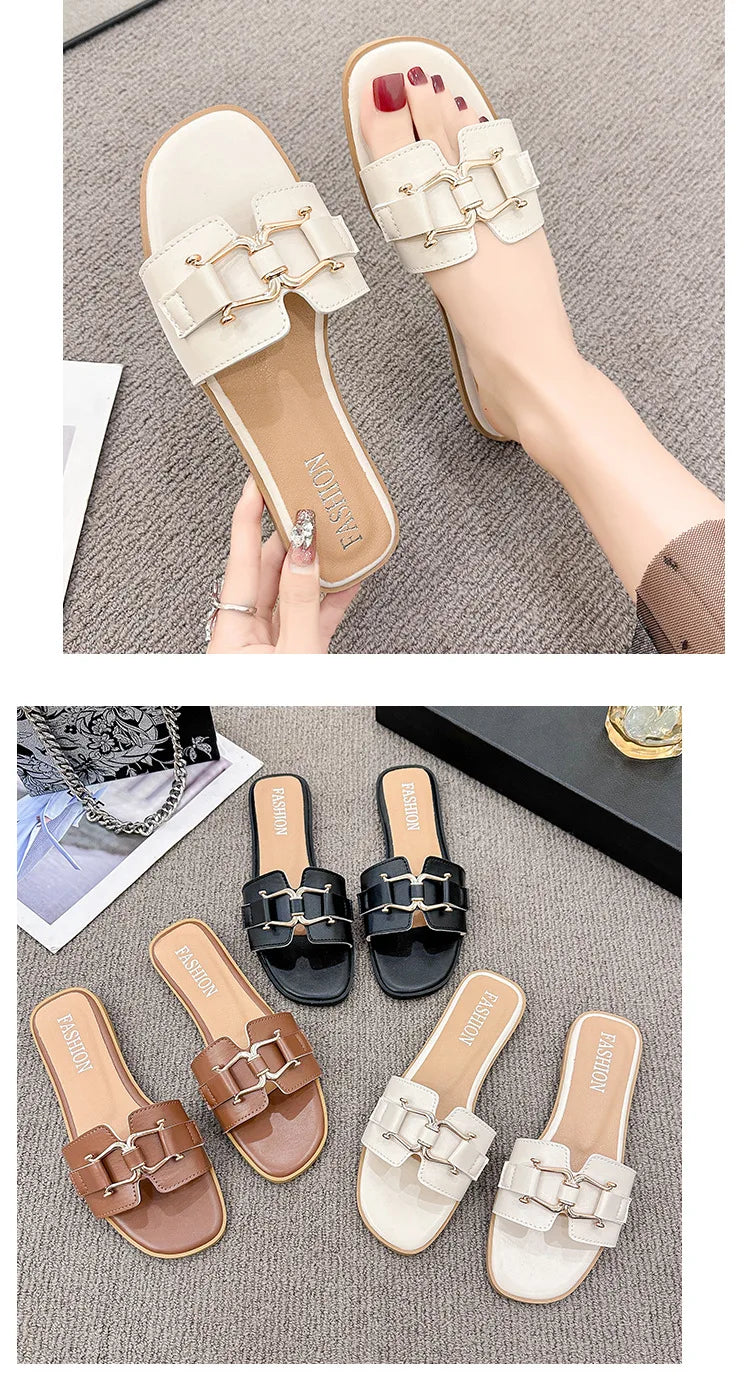 2024European and American Style Summer Fashion Out Flip-flops Flat Leisure Horse with Buckle Temperament One Line Slippers Woman