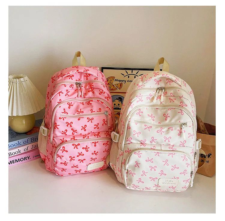 3 Pcs/Set Cute girl Large Capacity Backpack Bow Print Nylon Schoolbag Adjustable Strap Women daily Campus Backpack