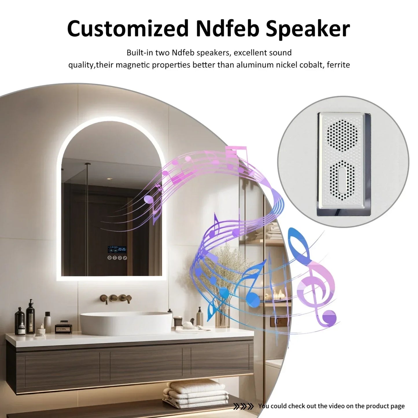 60x90CM Arched LED Mirror for Bathroom Backlight Wall Vanity Mirror w/ Bluetooth, Date and Time, Touch Antifog, Digital Display