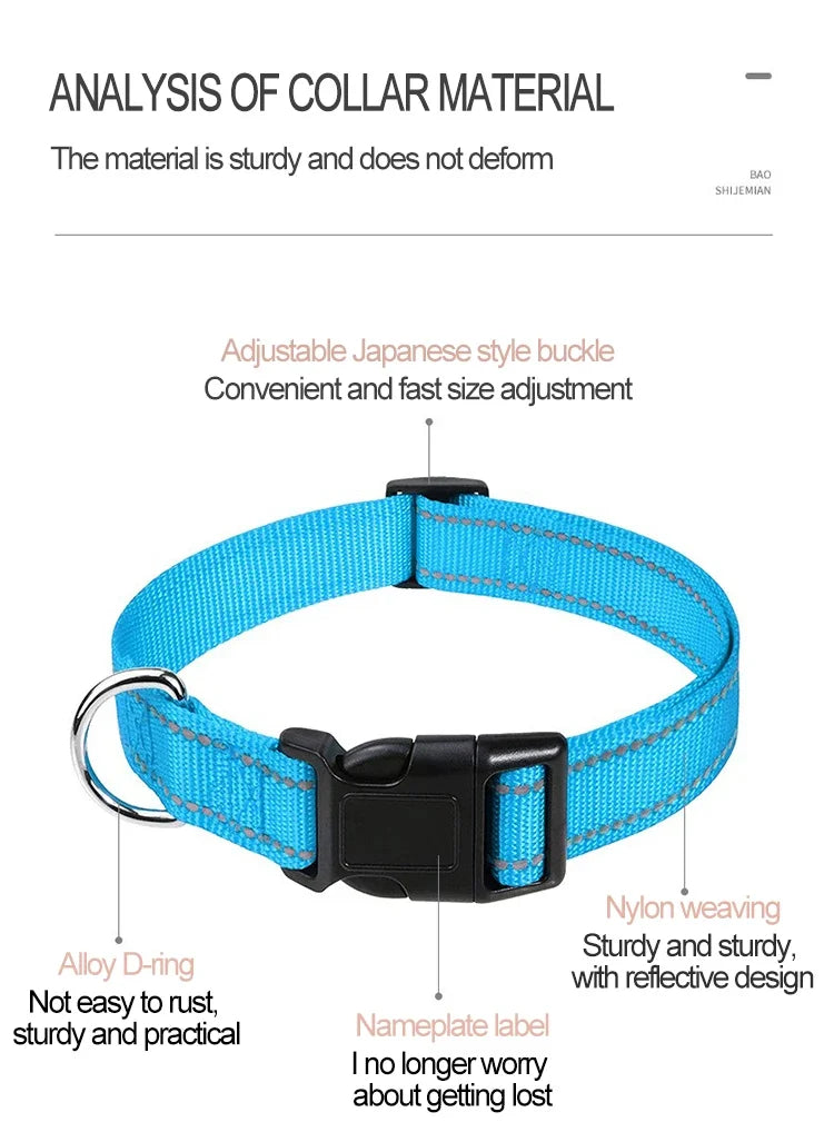 Reflective Dog Collar Strap with Adjustable Safety Nylon Pet Collar Pet Traction Rope Suitable for Small and Medium-Sized Pets