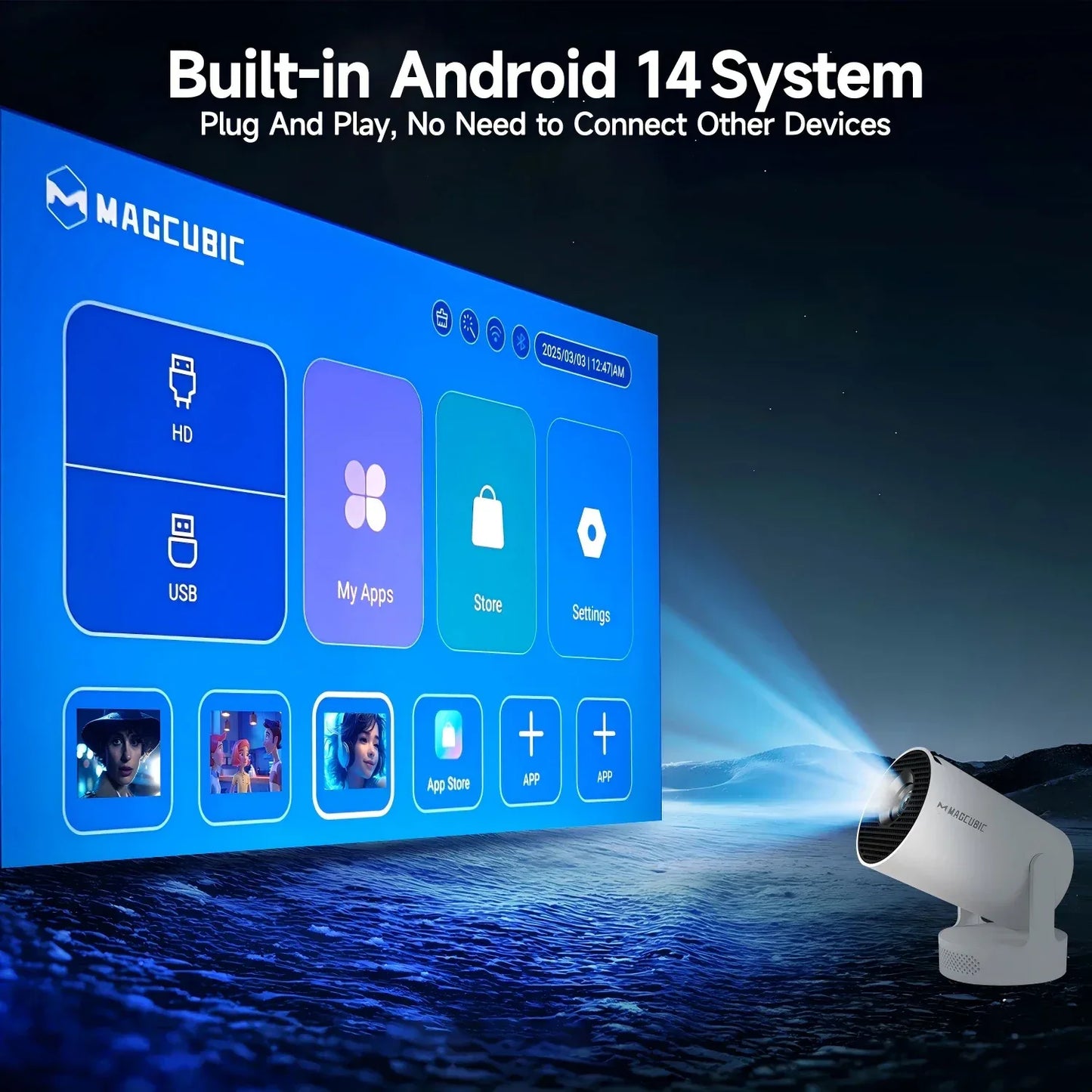 Magcubic HY300 Pro+ Android14 Projector 8000 Lumens 720P Outdoor Portable Movie Home with 5W Speaker WiFi6 BT5.4 Upgrated HY300