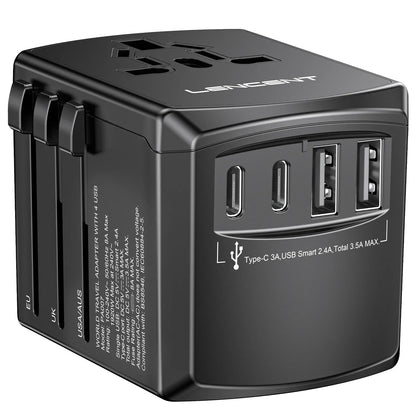 LENCENT Universal Travel  Adapter International  Plug Adaptor with 2 USB-C +2 USB-A Ports Wall Charger for EU UK USA AUS Travel