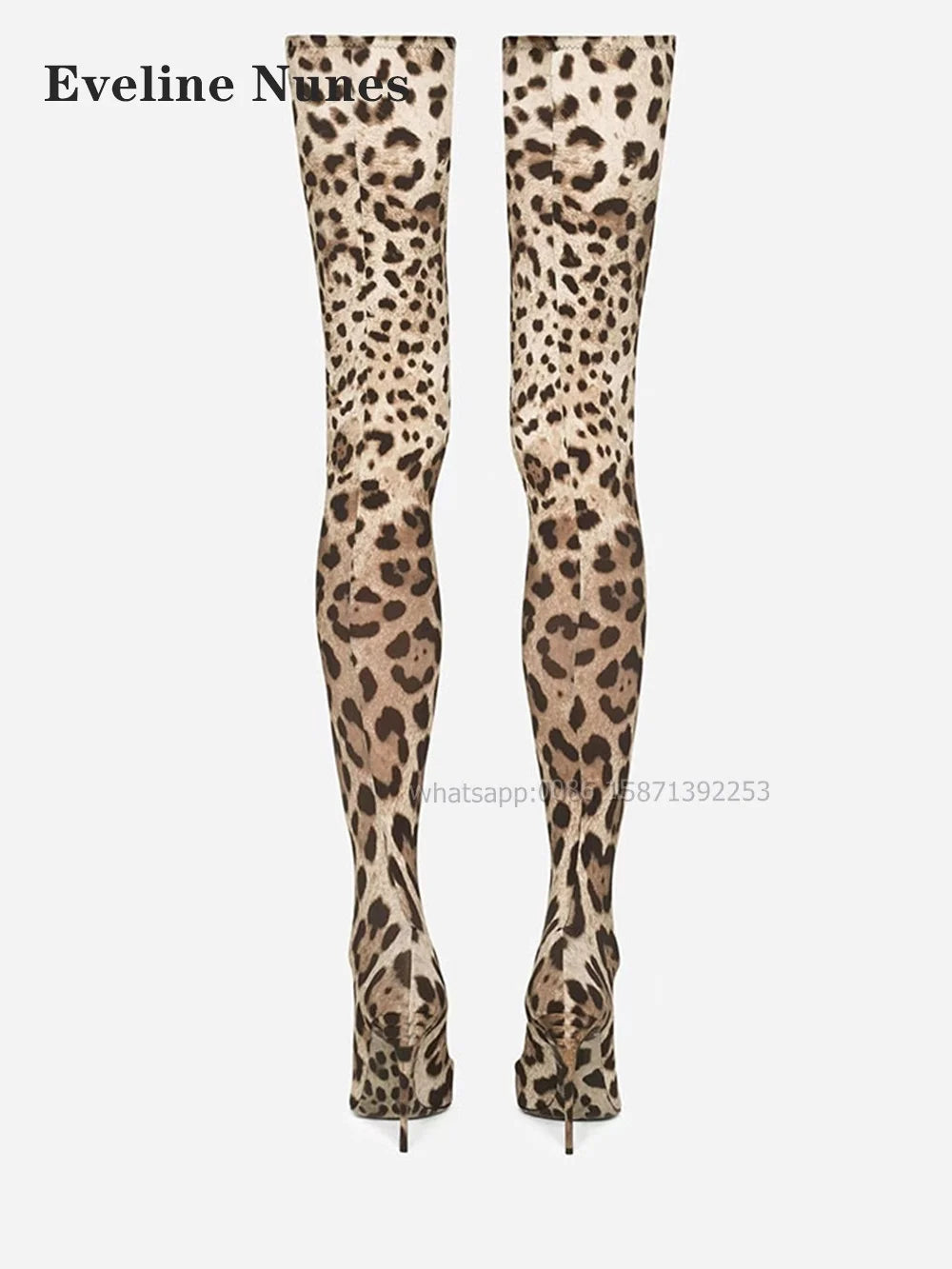 Leopard Satin Thigh High Boots Pointed Toe Thin Heels Mixed Colors Women Stretch Boots Pull On Sexy Spicy Girl Booty Runway Show
