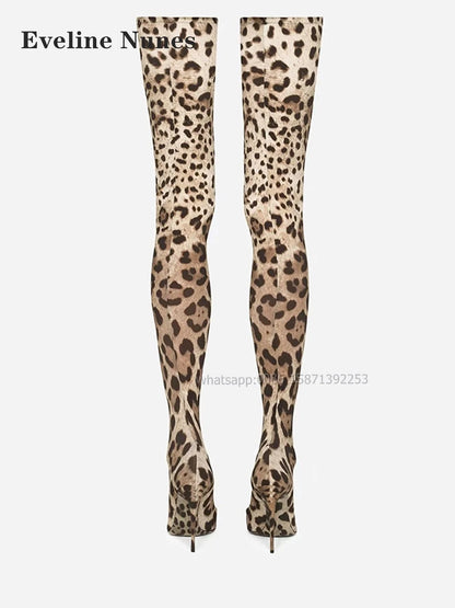 Leopard Satin Thigh High Boots Pointed Toe Thin Heels Mixed Colors Women Stretch Boots Pull On Sexy Spicy Girl Booty Runway Show