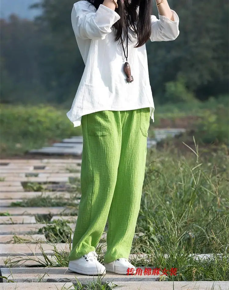 2024 Spring Women' Fashion comfortable cotton linen pants Plus size Women pleated Autumn pants with pockets 5XL 6XL pantalones