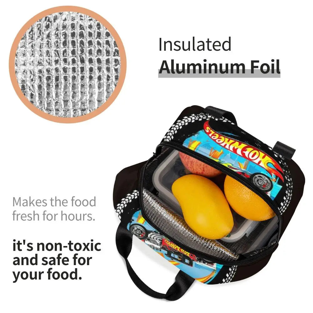 Custom Hot Wheels For Fans Thermal Insulated Lunch Bag Cartoon Sport Car Portable Lunch Container Travel Multifunction Food Box