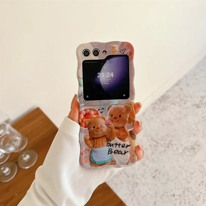 Cartoon Cute Bear Wave Border Phone Case for Samsung Galaxy Z Flip 5 4 3 Zflip5 Flip3 ZFlip4 Star Bracelet Shockproof Lens Cover