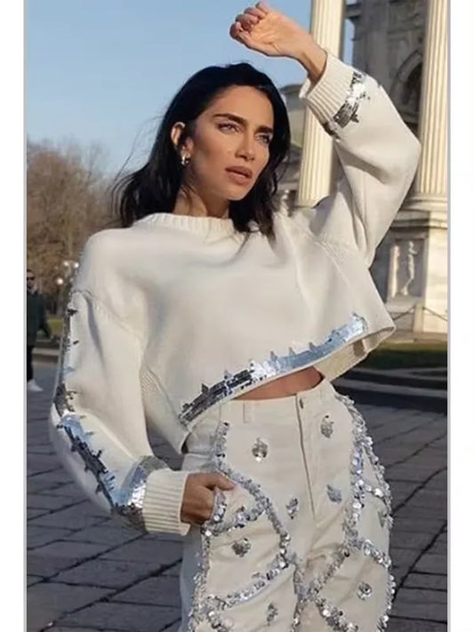 Pull en maille à sequins pour femme, automne, haut court décontracté, col rond, manches longues, sweat à capuche, vêtement d'extérieur chic et tendance