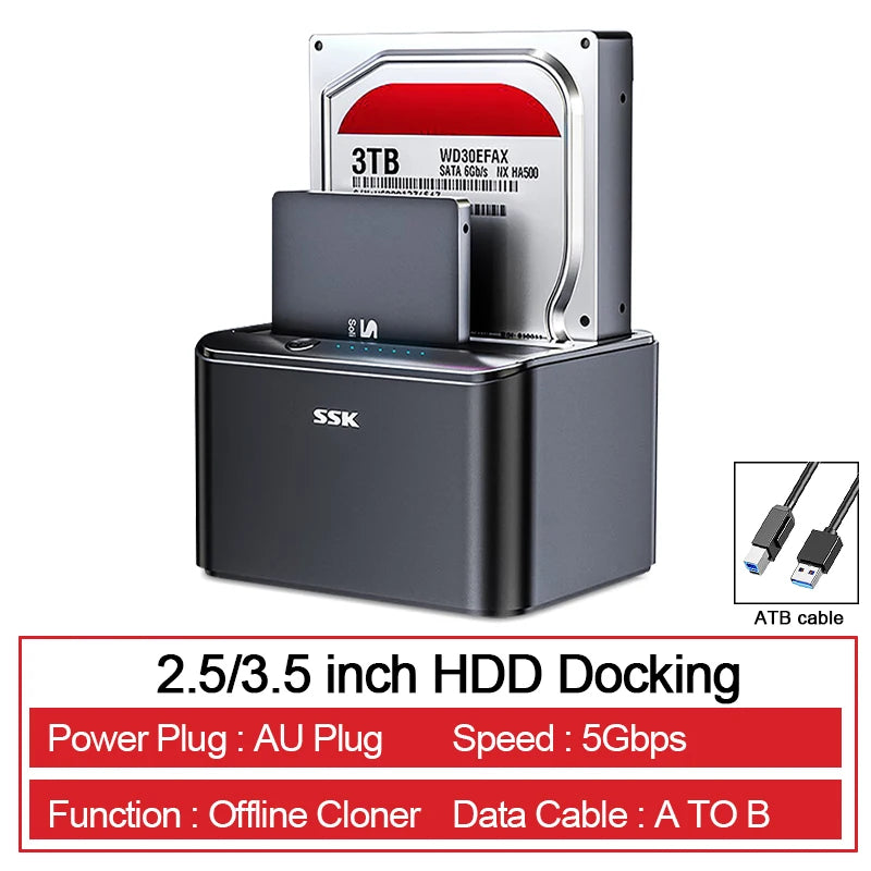 SSK Hard Drive Docking Station Dual Bay External HDD Dock for 2.5/3.5 Inch SATA HDD SSD with Offline Cloner/Duplicator Function