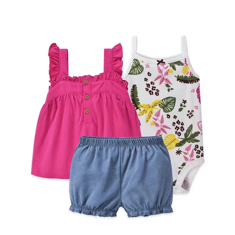 Newborn Baby Girl Clothes Set Summer Fashion Flower Cotton Infant Outfits Short Sleeved Bodysuit Shorts 3Pcs Toddler Clothing