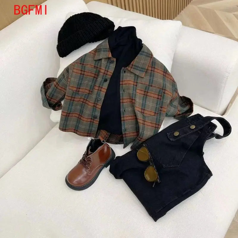 Korean Children's Clothing Girl Boys Suspender Pants+ Checkered Shirt Set Girls Baby Shirt Outfits Spring Autumn Kids Jeans Sets