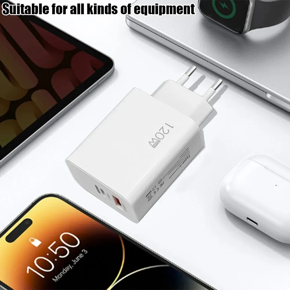 120W USB Fast Charger With Type C Cable Fast Charging Adapter For iPhone 16 Samsung Xiaomi Huawei PD Cell Phones Quick Charger