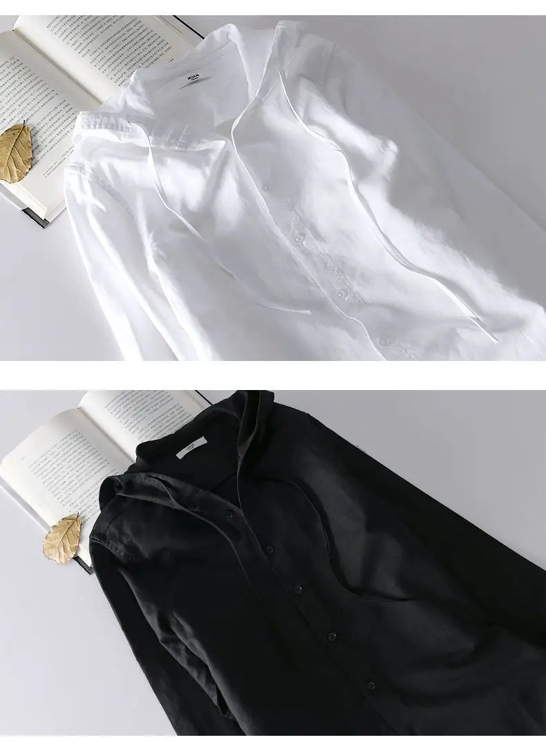 Spring Summer New Hooded Long-sleeved Solid Inen Shirt Trendy Men's Thin Loose Youth Fashionable Cotton Linen Sunscreen Shirt