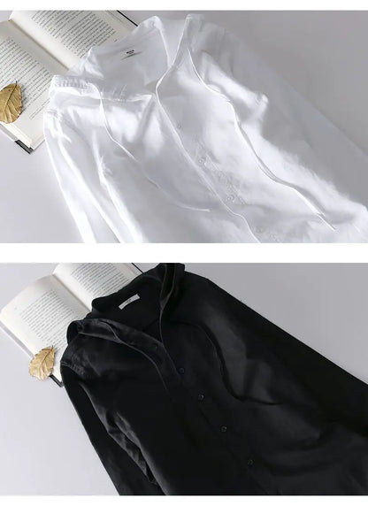 Spring Summer New Hooded Long-sleeved Solid Inen Shirt Trendy Men's Thin Loose Youth Fashionable Cotton Linen Sunscreen Shirt