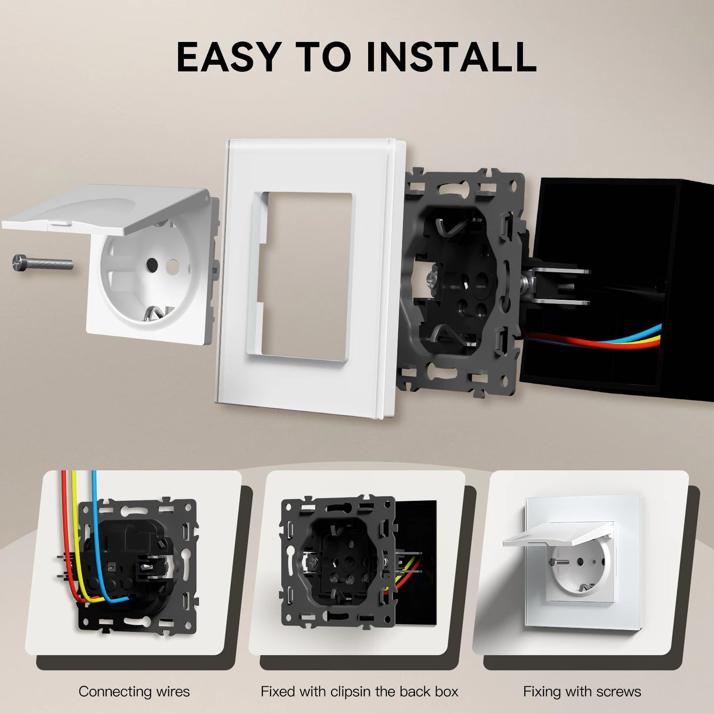 BSEED EU Standard Wall Electric Socket With Cover 16A Bathroom Power Sockets Outdoor Outlet Waterproof Glass Panels E Series