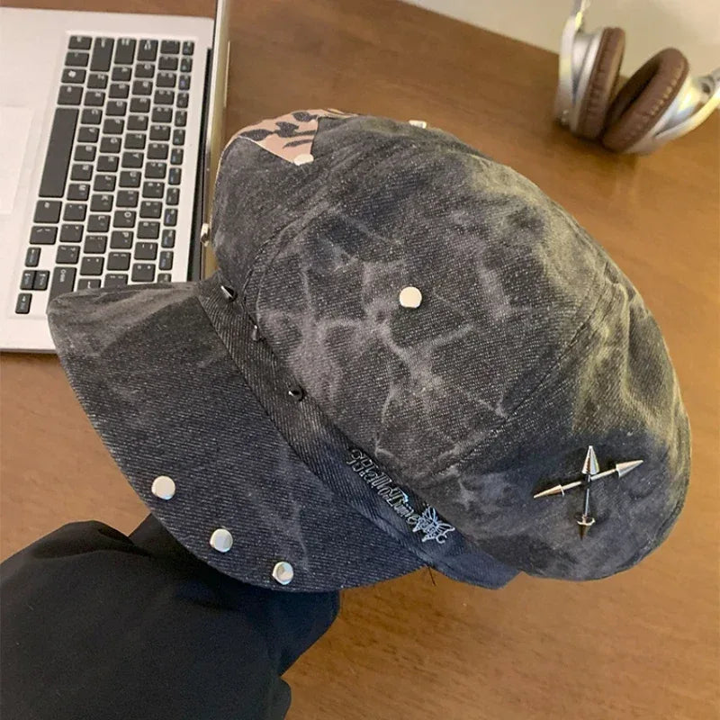 American Punk Style Rivet Star Design Octagonal Hats for Women Spring and Autumn Casual Versatile Retro Washed Denim Berets Cap