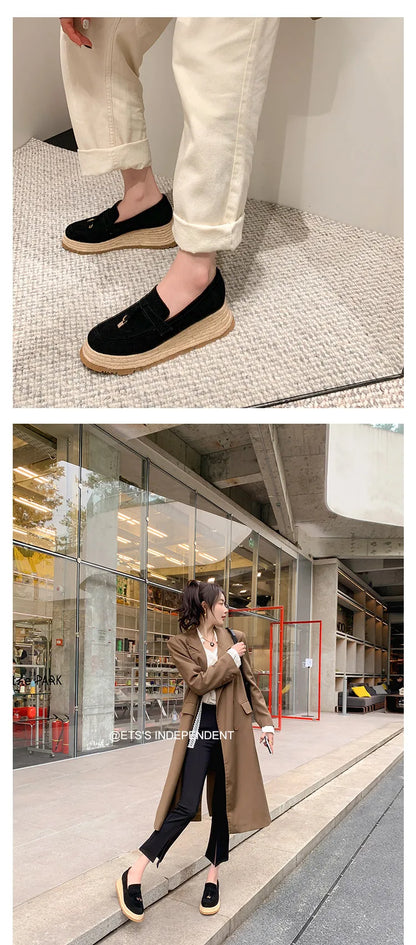 MKKHOU Fashion Loafers New High Quality Real Leather Suede Vintage Straw Braid Platform Shoes Daily Casual Light Shoes Neutral