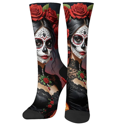 Mens Art Day of the Dead Themed Socks Mexican Grim Reaper Vintage Floral Design Soft Breathable Crew Socks Novelty Holiday Gift