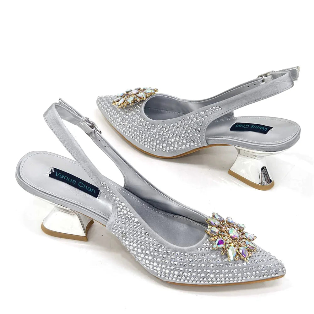 Venus Chan 2024 Summer New Design Specials Italian Women Shoes and Bag Set Fuchsia Color Comfortable High Heels With Rhinestone