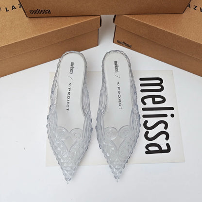 Design Big Butterfly Knot Melissa Women Flat Mules Sandals High Quality Cozy Patent Leather Pointed Toe Back Strap Shoes
