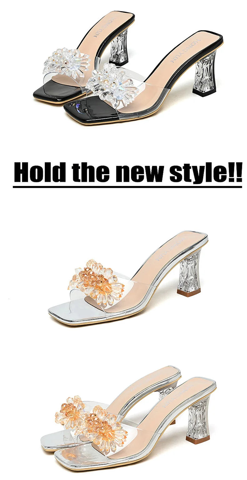 2023 Summer Square Head Open Toe Fashion Transparent Soft Flower Women's Slippers Crystal Heel New High Heel Sandals