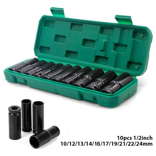 10pcs Impact Socket Set 1/2” Drive Hex Spanner Deep Sockets 10-24mm Pneumatic Wrench Head Tire Removal Tools
