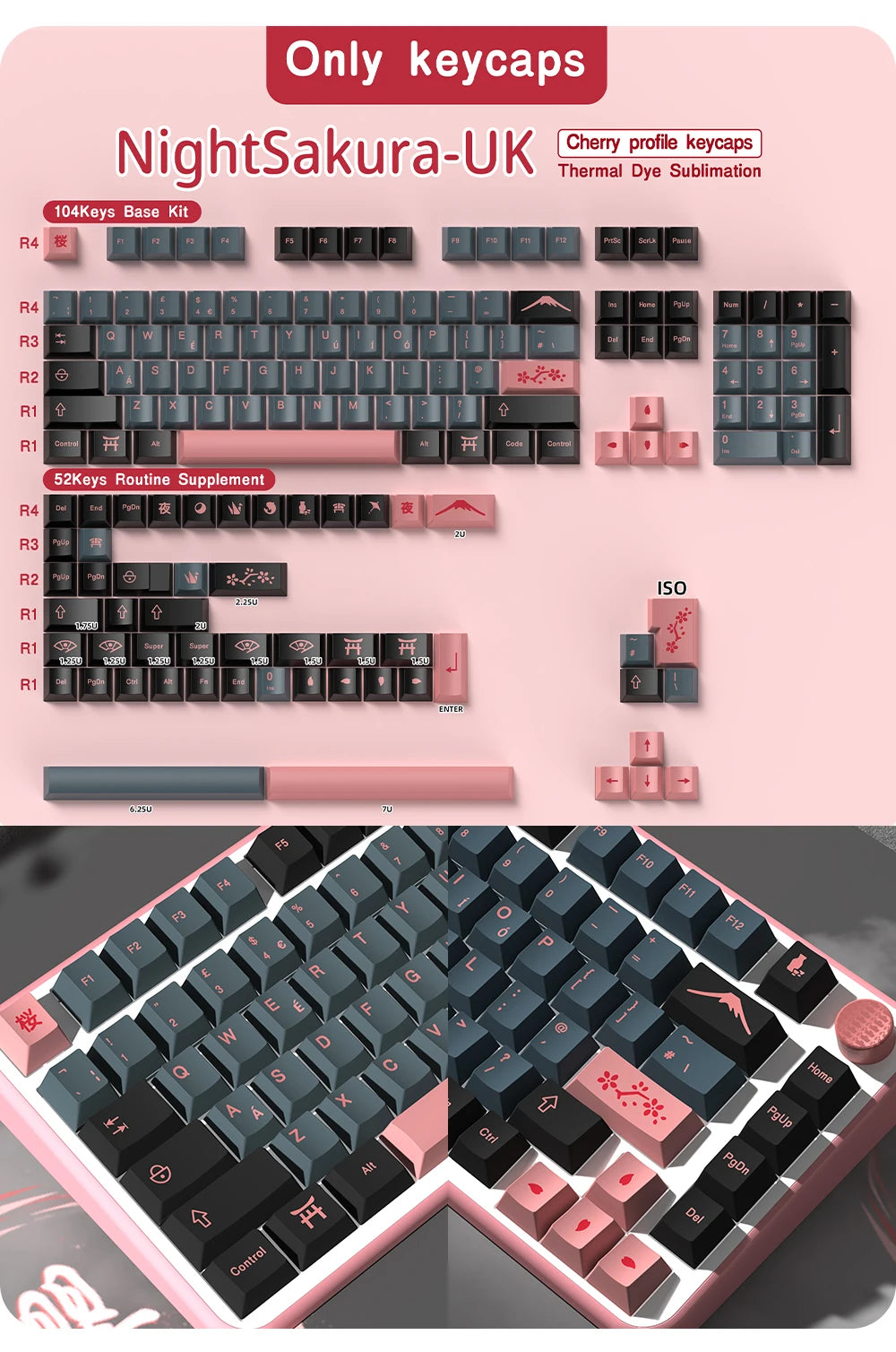 GMK Night Sakura Keycap 139/156 Keys DYE SUB Cherry Profile PBT Japanese/Korean/Russian/Abnt2/DE/ES/FR For Mechanical Keyboard