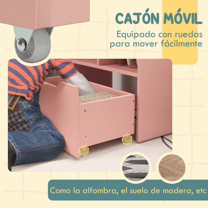 Homcom Children's Bookshelf with 3 Compartments 2 Cubes Drawer and Wheels