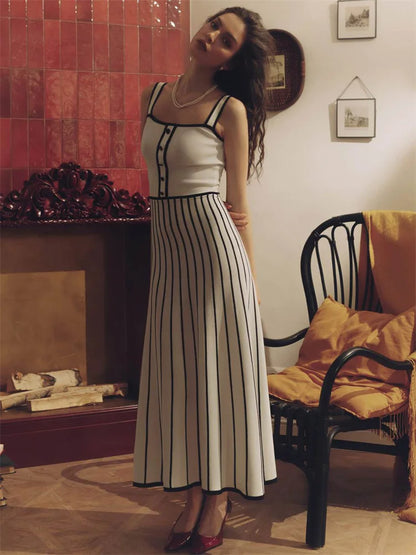 Tossy Striped Knit Backless Maxi Dress Women Slim Contrast Strapless Fashion Elegant Party Dress 2024 Knitwear Female Long Dress