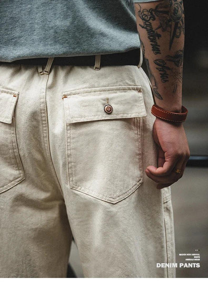 Maden Retro Cotton Seed Shell White Denim Jeans 11.2OZ Loose Straight Long Pants Cargo Pants Sweatpants Men Causal Trousers