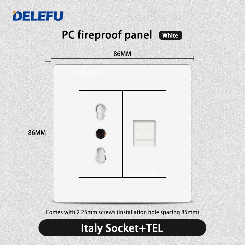 DELEFU86 PC White Flame Retardant Panel Italy Standard Wall Socket USB Type C Socket German Italian Socke EU Socket