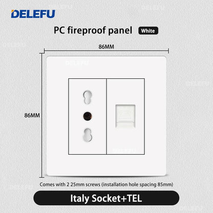 DELEFU86 PC White Flame Retardant Panel Italy Standard Wall Socket USB Type C Socket German Italian Socke EU Socket