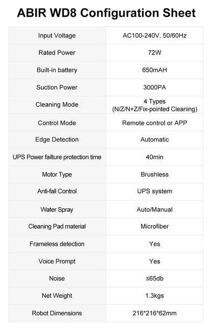 Robot Window cleaner ABIR WD8,Dual Water Spray,Smart Memory,High Vacuum Suction, Laser Sensor, Home Wall Glass Cleaning Robot
