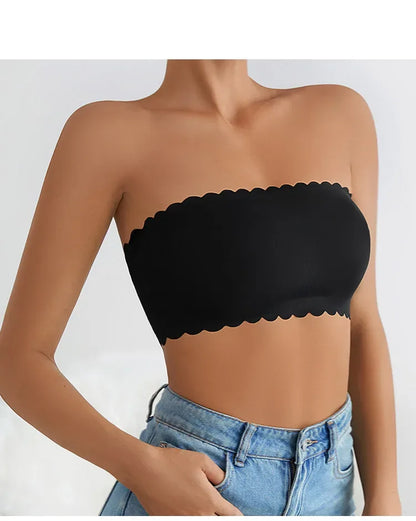 Hot Sale New Design Effective Slip-proof Scallop Side One Piece Bralette Padded Ice Silk Seamless Strapless Bra For Women