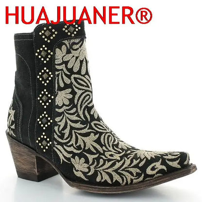 Autumn Winter Ladies Boots Casual Embroidery Zipper Ankle Boots Rivet Western Pointed Toe Low-heel Warm Boots For Ladies Shoes