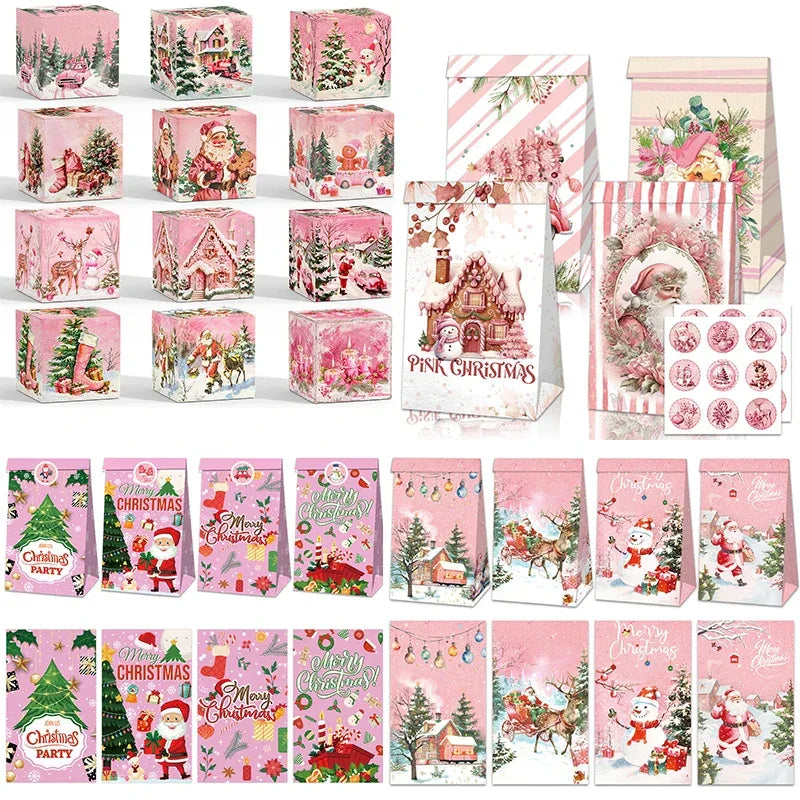 12pcs Pink Christmas Gift Bag Box Fairy Snow Scene Print Cookie Candy Bags Christmas Eve Candy Box Navidad Natal Noel Kids Gift