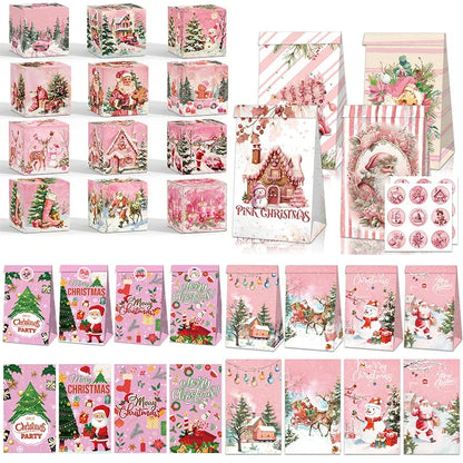 12pcs Pink Christmas Gift Bag Box Fairy Snow Scene Print Cookie Candy Bags Christmas Eve Candy Box Navidad Natal Noel Kids Gift