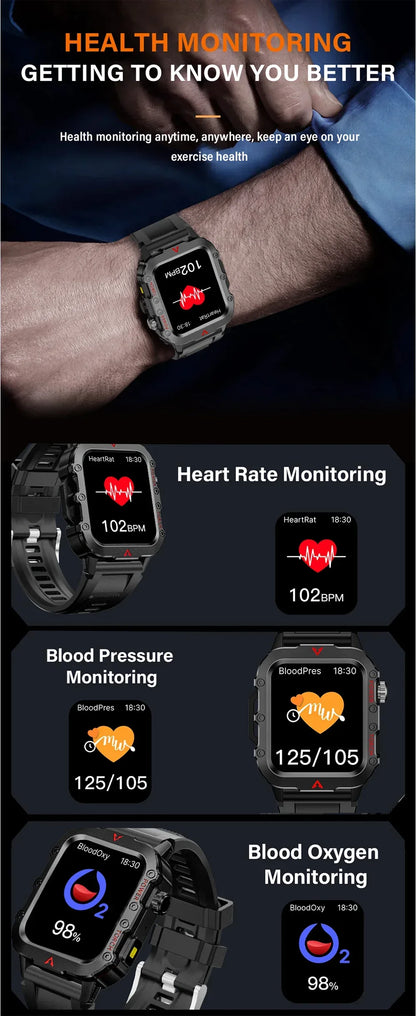 LAXASFIT 2024 Outdoor Military Men's Smart Watch Bluetooth Talk Sports Heart Rate Monitor Smart Watch Android IOS