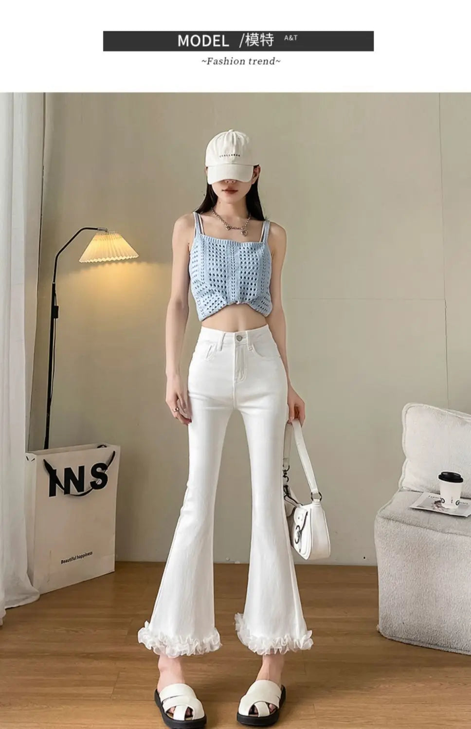 White Lace Spliced Trousers with Slightly Flared Imitation Jeans Women Autumn American Retro Small 8/9-point Flared Trousers