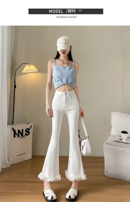 White Lace Spliced Trousers with Slightly Flared Imitation Jeans Women Autumn American Retro Small 8/9-point Flared Trousers