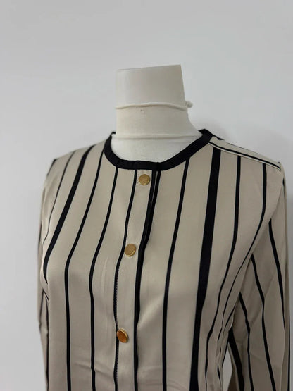 Autumn Korean Fashion High End Long Sleeve Stripe Shirt High Waist Slim Suit Pants Formal Commuter Two Piece Set Women Outfits
