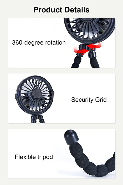 Portable Clip Fan Mini Stroller Fan USB Rechargeable Baby Stroller Octopus Fan 360° Rotate Outdoor Tripod Fan Small Clip Fan