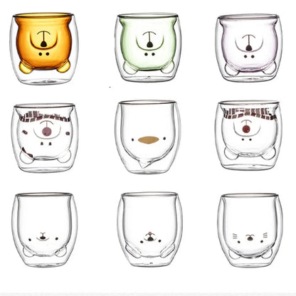 280ML Double Glass Cup Coffee Mug Bear Cat Dog Animal Transparent Cute Milk Juice Tea Drinking Cups Birthday Party Wine Glasses