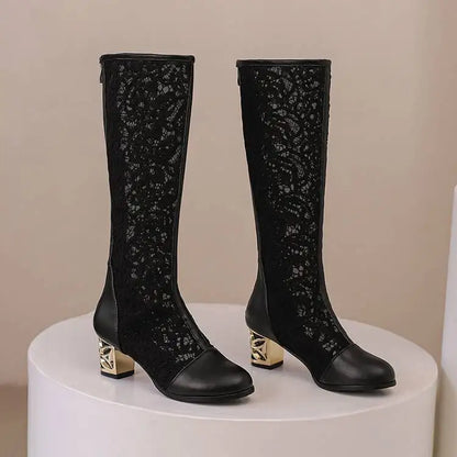Spring and Autumn New Style Fashion square Heel Mesh Hollow Women's Boots Sweet Breathable knee high boots high 5.5cm size 34-47