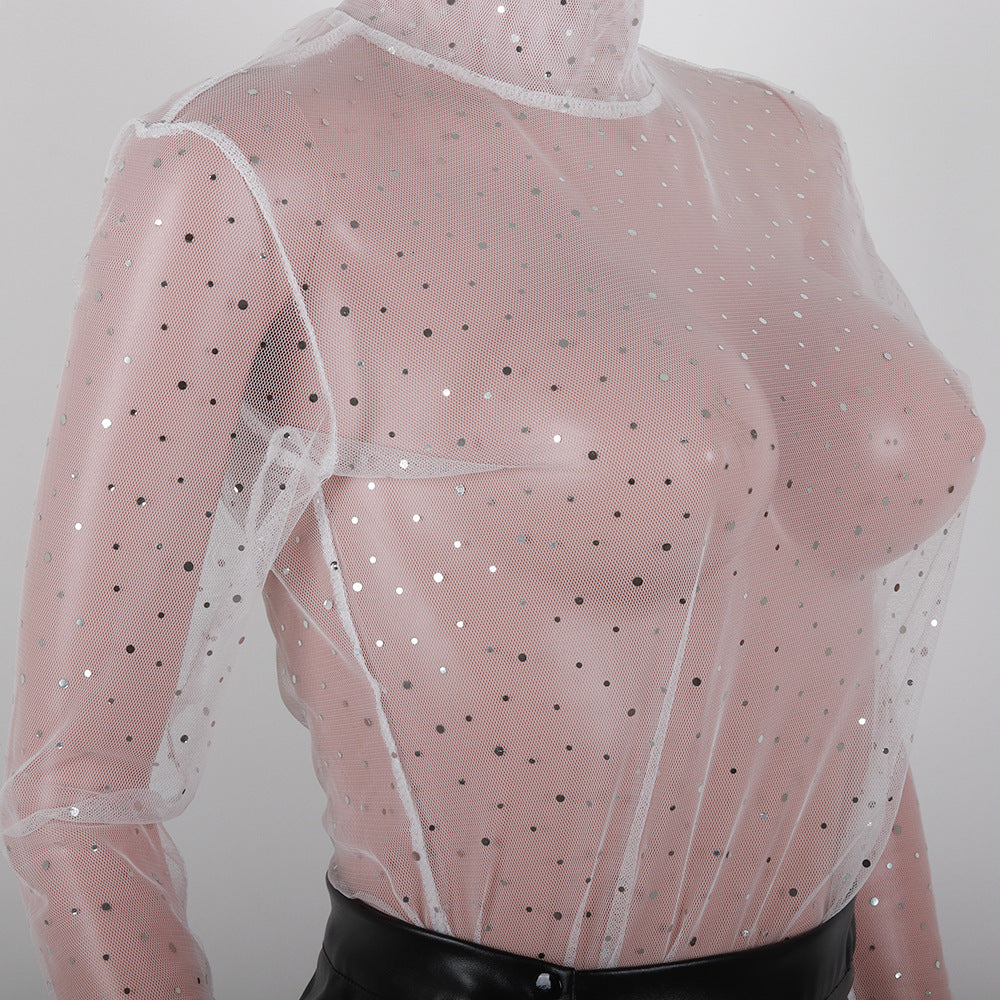 Summer Sexy Lace Mesh Sheer T Shirt Women Transparent Tops Turtleneck See Through Cover Up  Long Sleeve Shine Rhinestone Crops