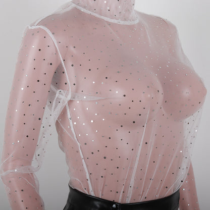 Summer Sexy Lace Mesh Sheer T Shirt Women Transparent Tops Turtleneck See Through Cover Up  Long Sleeve Shine Rhinestone Crops