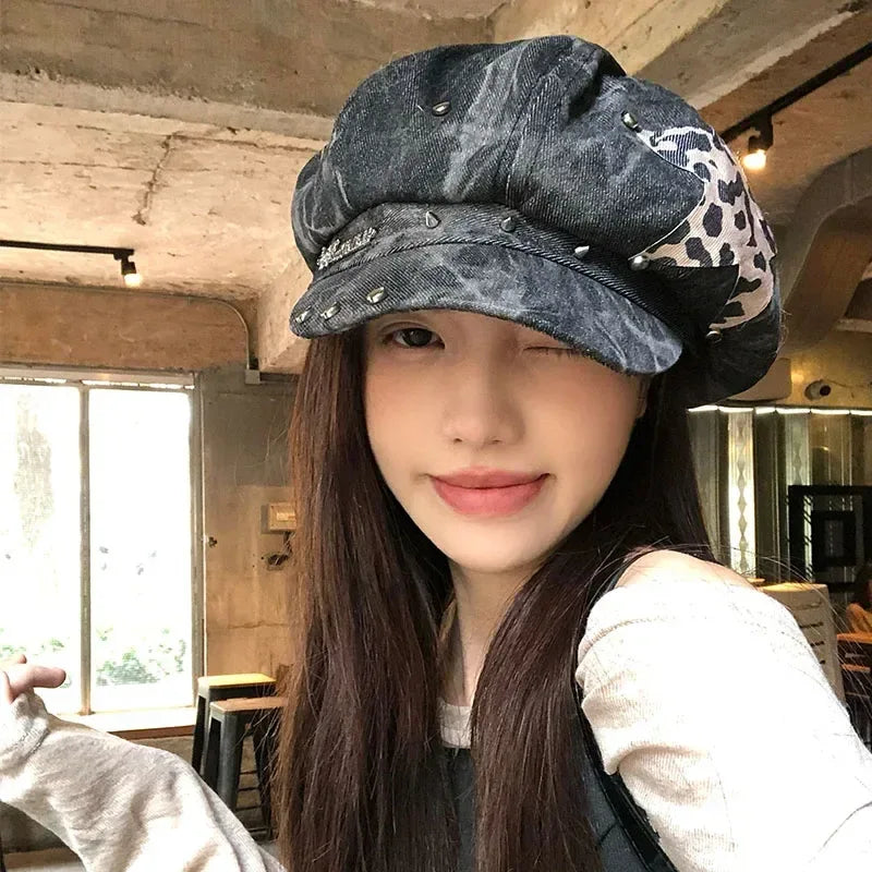 American Punk Style Rivet Star Design Octagonal Hats for Women Spring and Autumn Casual Versatile Retro Washed Denim Berets Cap