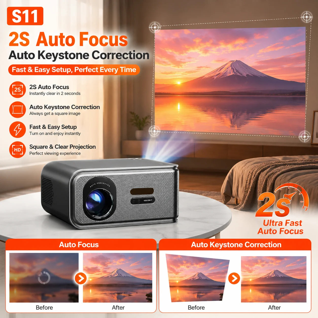 2026 New Smart Projector 2500 ANSI LM Google Play HDR10+ 1920*1080P Full HD Support 8K Video For Home Movie Theater TV Gaming