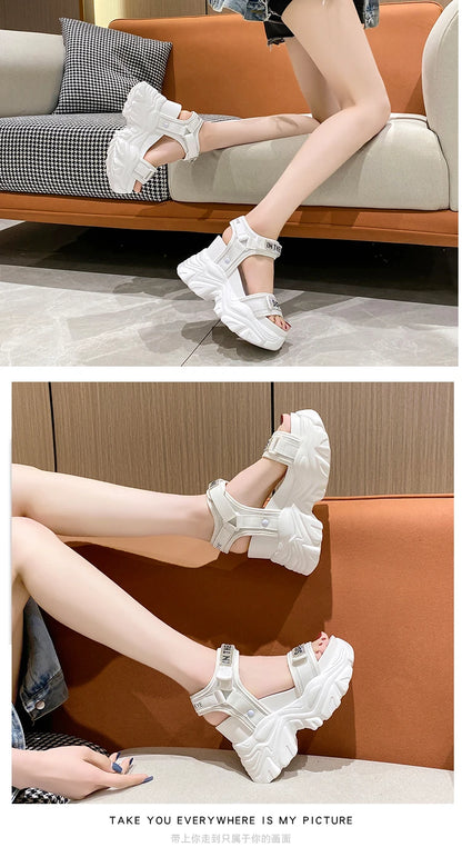 New Summer Black Women High Platform Sandals 11CM Wedge Heels Bling Slippers Peep Toe High Heels White Leather Chunky Flip-Flops